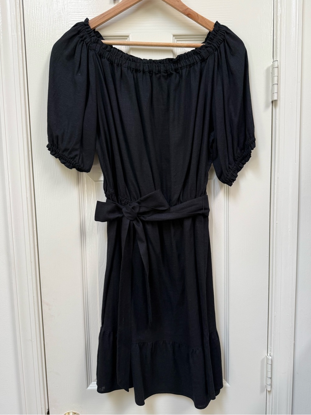 LOFT Black Linen Blend Off-Shoulder Tie-Waist Midi Dress NWOT Dry Cleaned